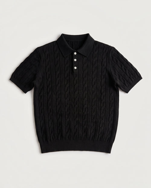 Cable Knit Polo Black flat lay, front