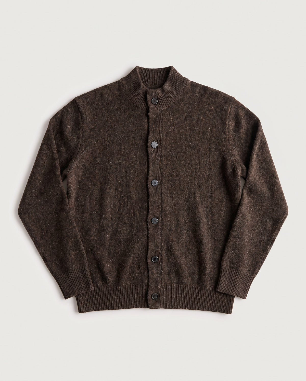 Mock Neck Cardigan Brown Fleck flat lay, front