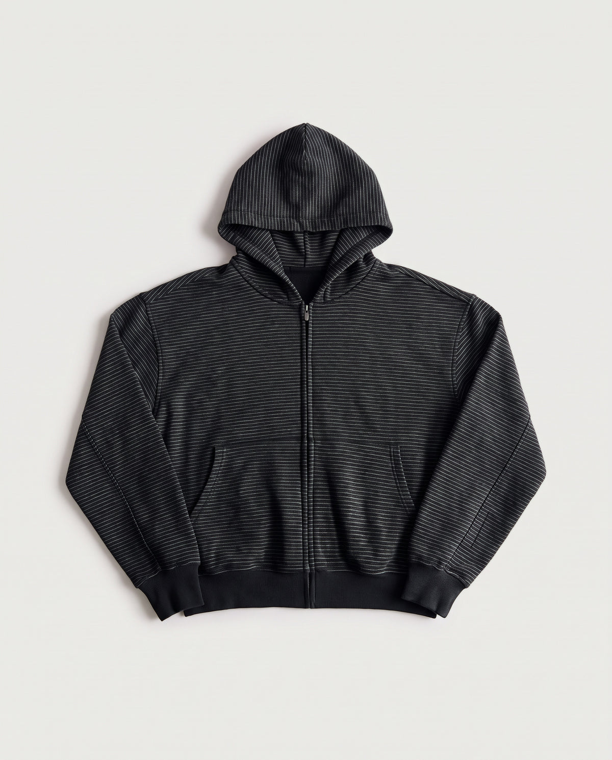 Striped Zip Up Hoodie Black flat lay, front