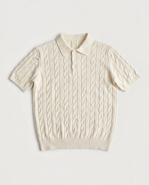 Cable Knit Polo Off White flat lay, front