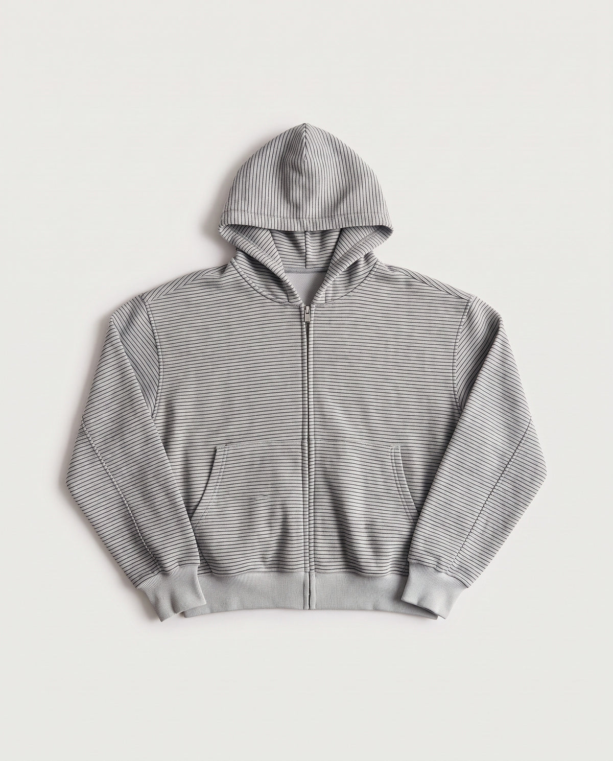 Striped Zip Up Hoodie Light Grey flat lay, front